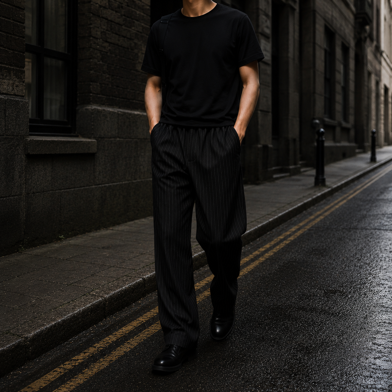 Velmont Classic Pinstripe Trousers Relaxed Fit Casual Straight Leg Mens Pants Black